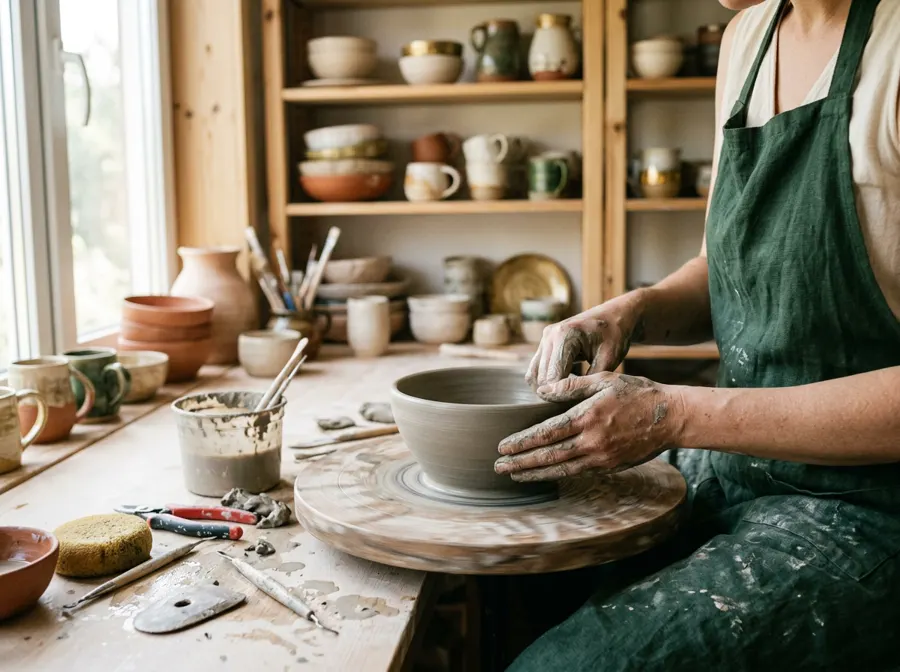An artisan potter shaping a clay bowl by hand in a small studio