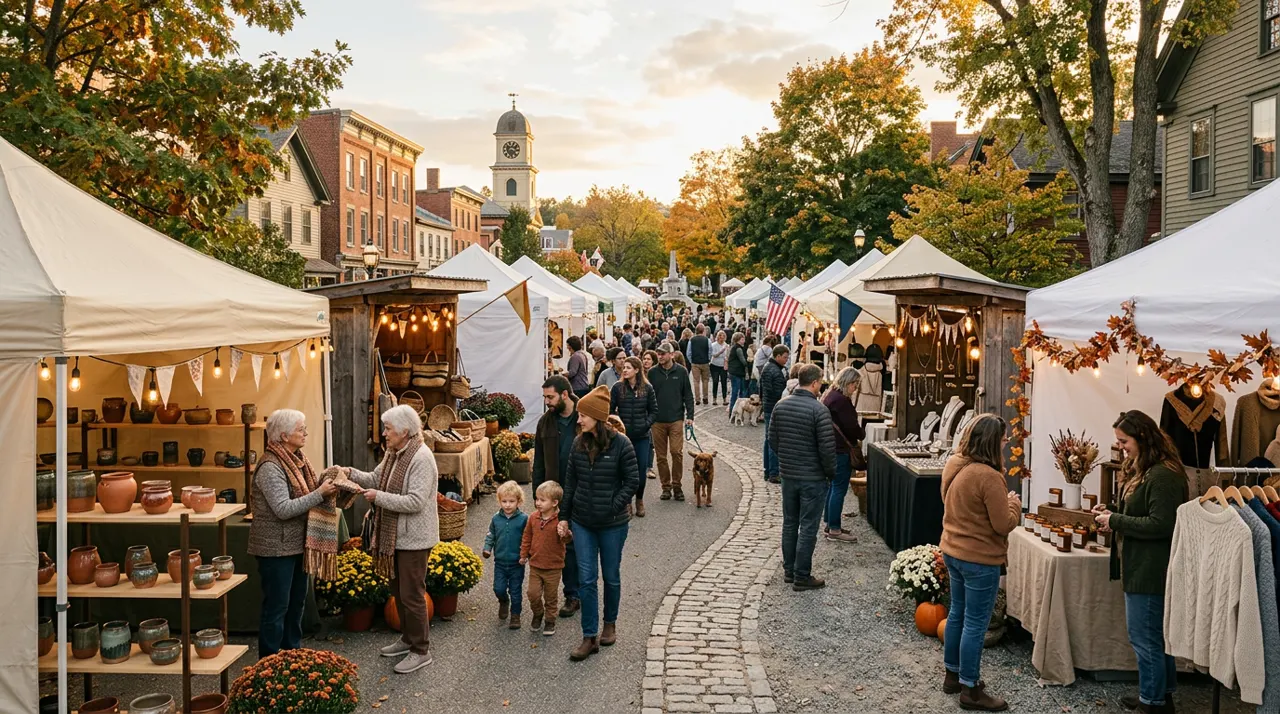 An outdoor community artisan market at golden hour, with rows of cream tents, handmade pottery, knitwear and candles, seasonal mums and pumpkins, and shoppers chatting with makers