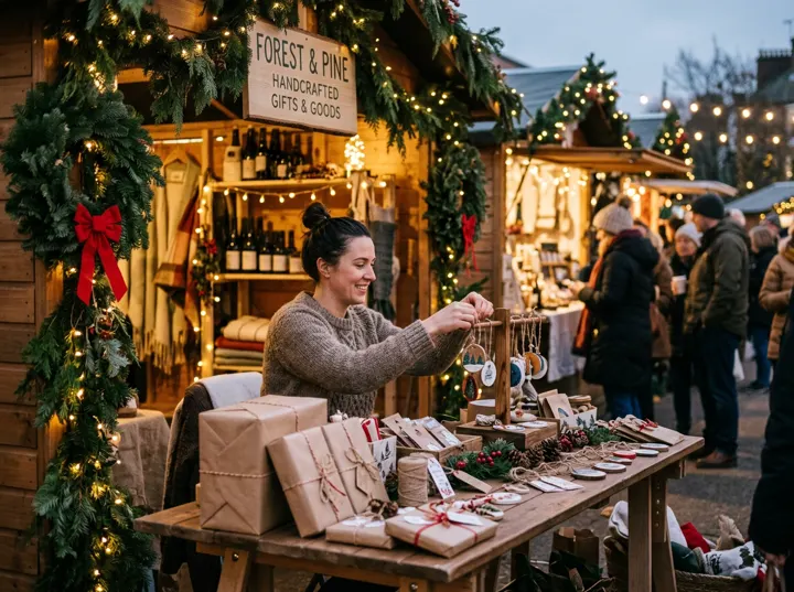 A maker arranging handcrafted ornaments at a holiday market booth decorated with evergreen garlands, red ribbon and kraft-paper wrapped gifts