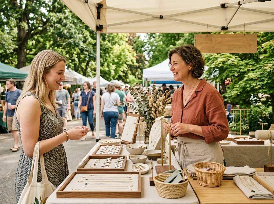 A small business owner smiling behind her handmade jewelry booth under a cream canvas tent, talking with a customer