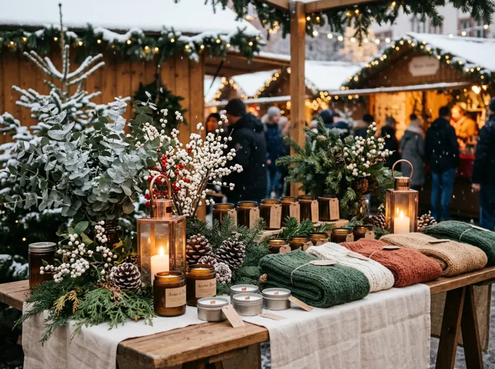 A winter market table with frosted eucalyptus, white winterberry, pine cones, handmade candles and knitted scarves on cream linen